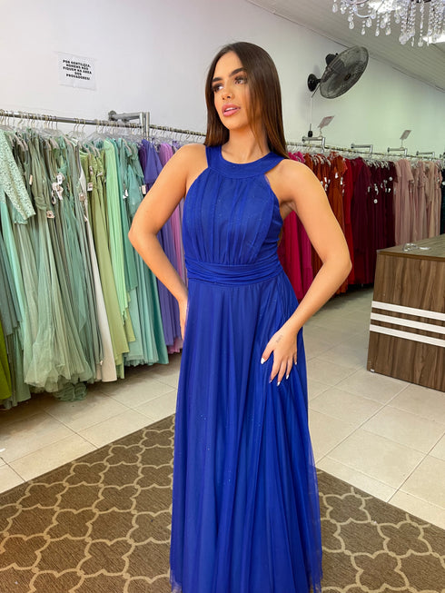 VESTIDO DE GOLA TULE TRABALHADO